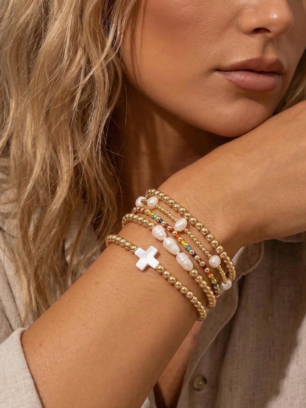 Gold Pearl Stackable Beaded Bracelet Set with White Cross Accent - Picture 8 of 14